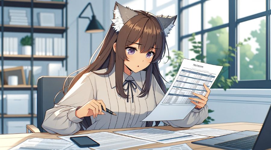 女性キャラクターが、家の見積書を読んでいる