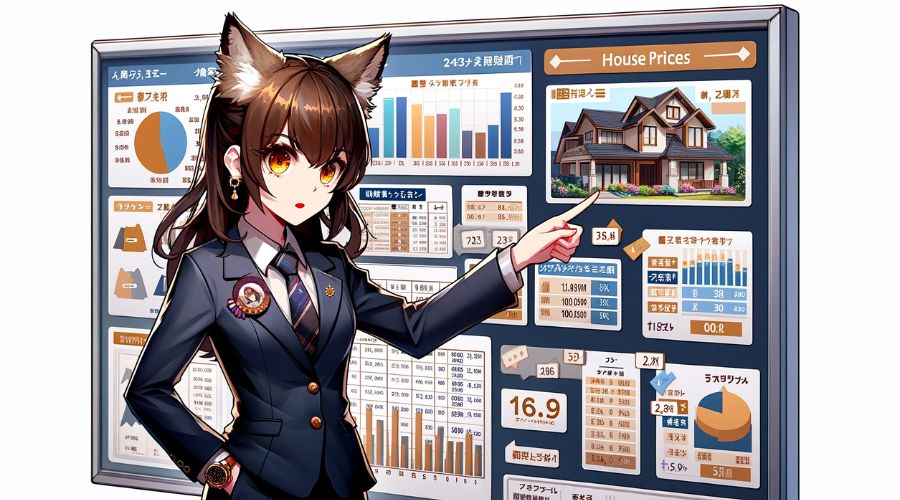 女性キャラクターが、家の価格について解説している