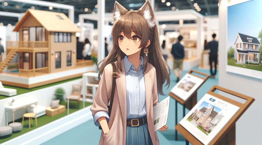 女性キャラクターが、家の展示場に、訪れている