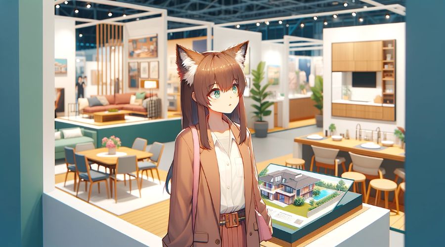 女性キャラクターが、家の展示場に、訪れている