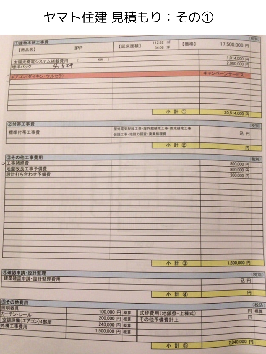 ヤマト住建の実際の見積書その1