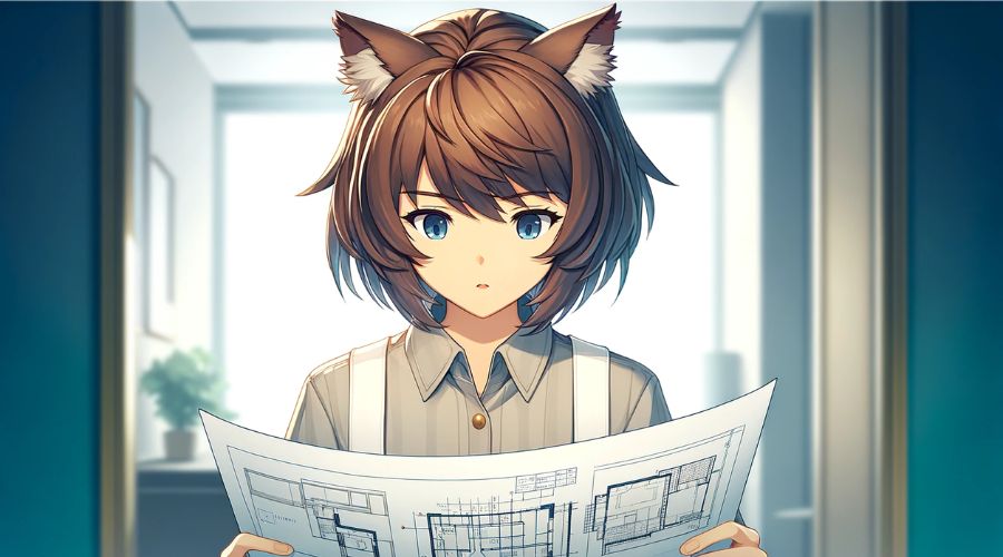 女性キャラクターが、家の見積書を読んでいる