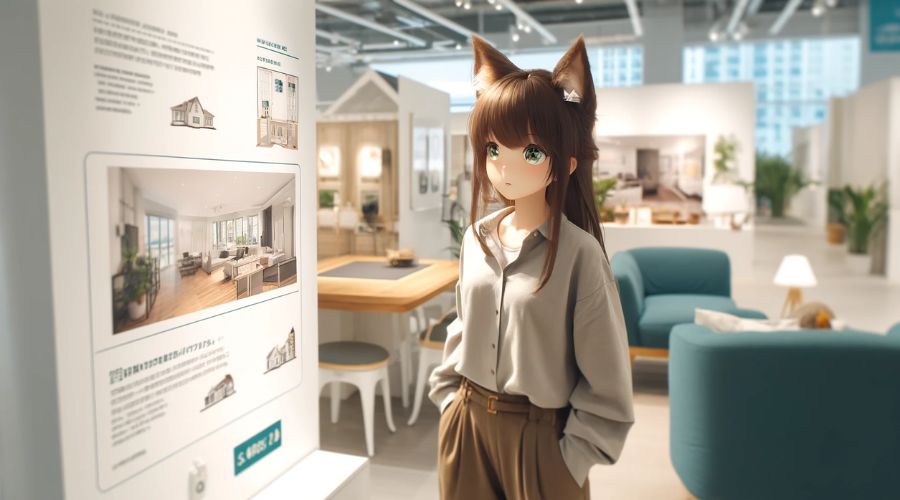 女性キャラクターが、クレバリーホームの展示場に、訪れている