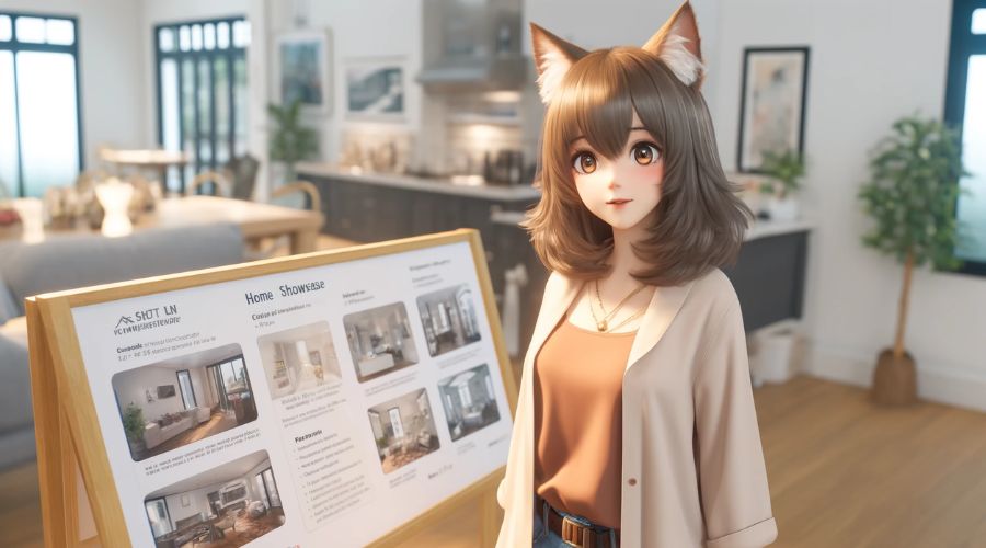 女性キャラクターが、ミサワホームの展示場に、訪れている